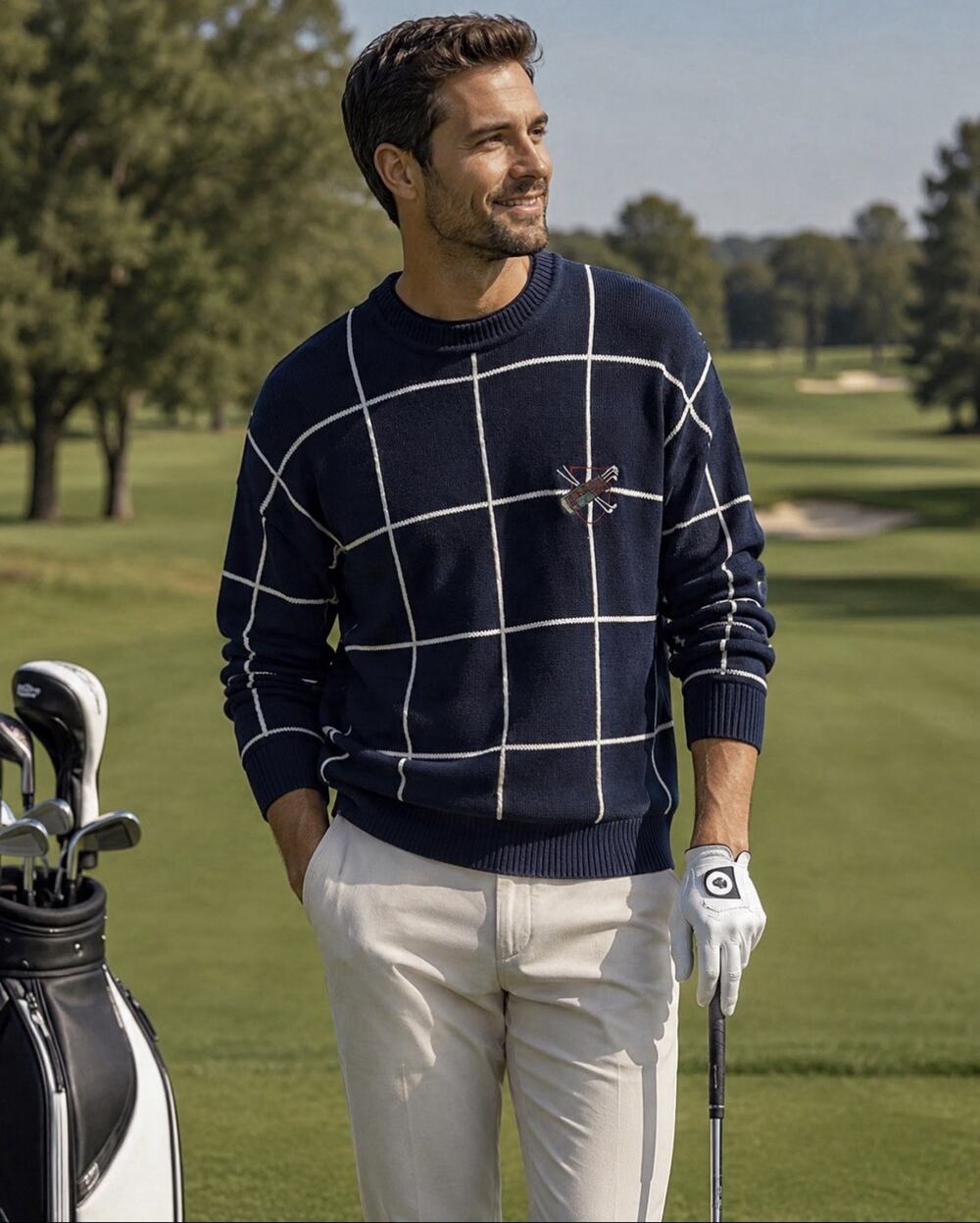 John Ashford Blue White Window Pane Embroidered Cotton Golf Sweater Sz M